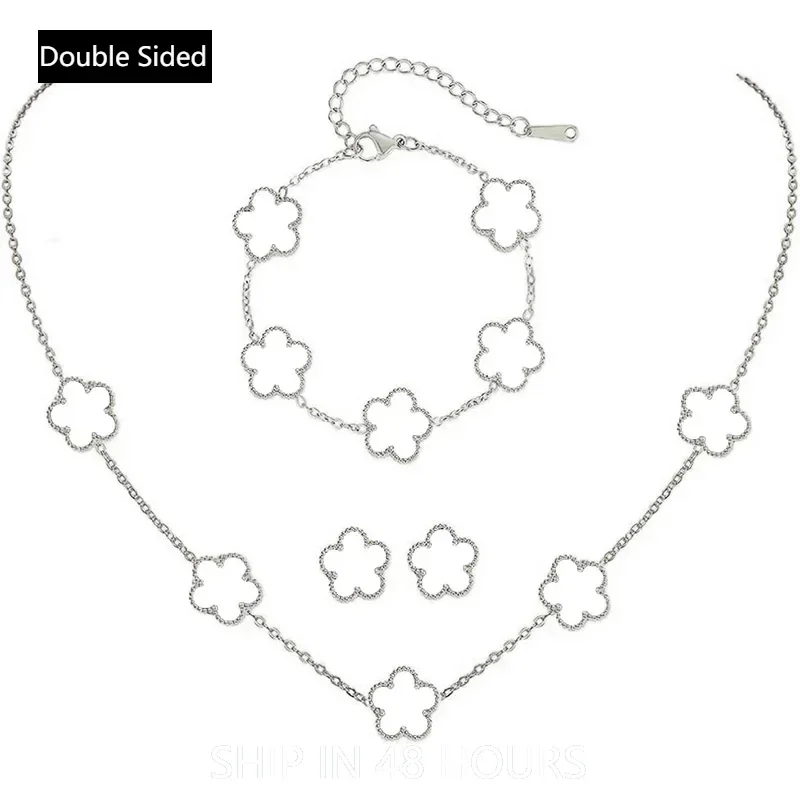 Jewelry Sets Silver Color Clover Jewelry Set for Women Stainless Steel Hypoallergenic Waterproof Flower Earrings Chain Necklace Bracelet