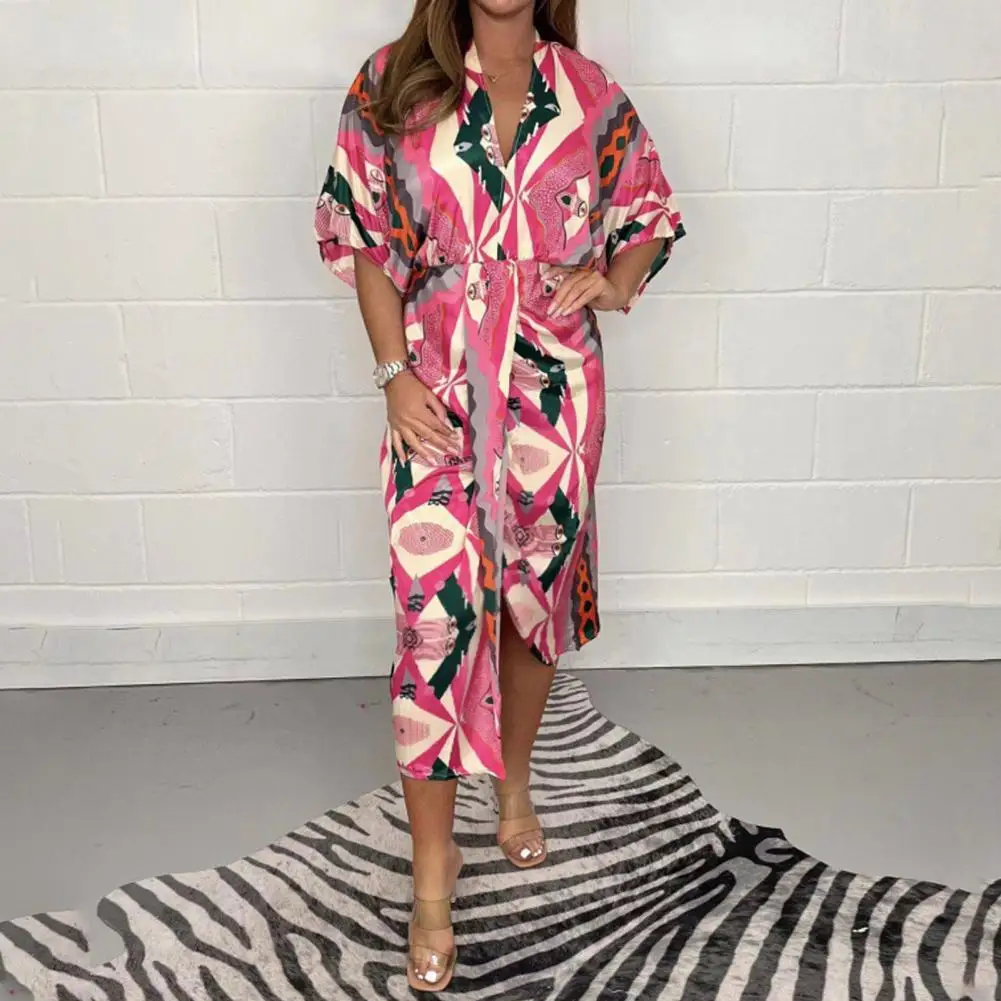 

Loose Fit V-neck Dress Printed Dress Colorful Printing V Neck Midi Dress for Women High Waist Short Sleeves Split for Commute