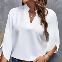 Plus Size Shirts New V-neck Summer Elegant Women's Blouses Solid Color Loose Short Sleeve Casual White Office Lady Tops Clothing