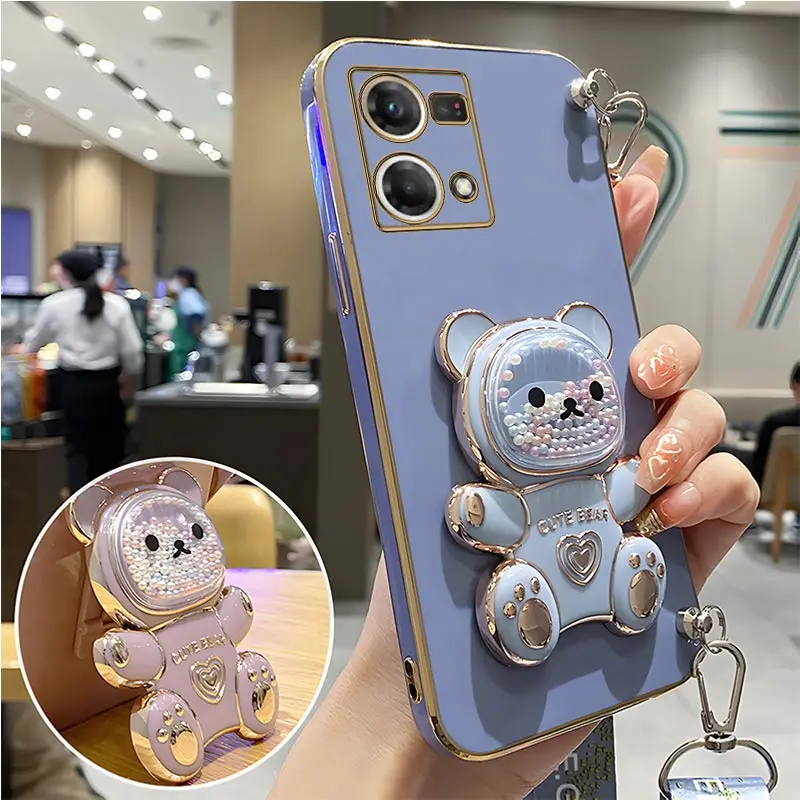 Quicksand Bear Holder Lanyard Phone Case For Oppo Reno9 Reno 7 8 9 Pro Plus 8T 4G 5G 5F 2 2Z 2F 3 5Lite 6Z 7SE Strap Stand Cover