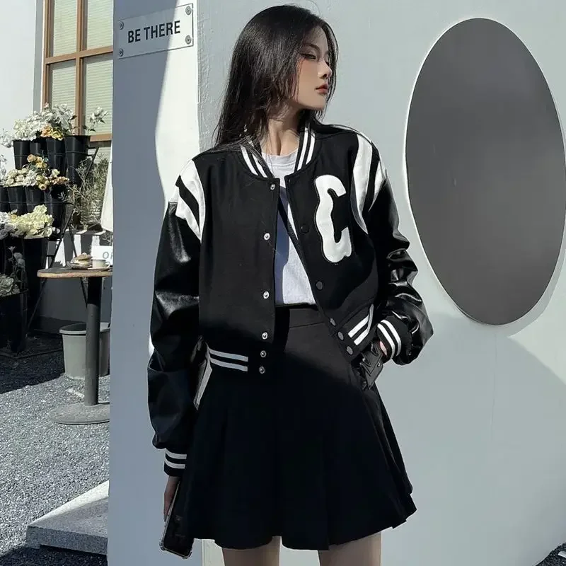 Women Black White Leather Jackets Loose Letter Embroidery