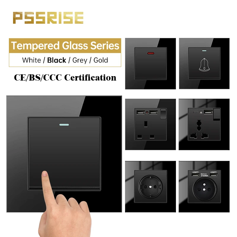 

PSSRISE 86 EU UK FR Standard Wall Switch Socket with 5V 2.1A Type-c USB Charger Tempered Glass Panel Light Switch Power Outlet