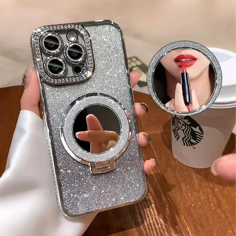 Luxury Diamond Clear Glitter Phone Case with Mirror and Magnetic Holder Stand