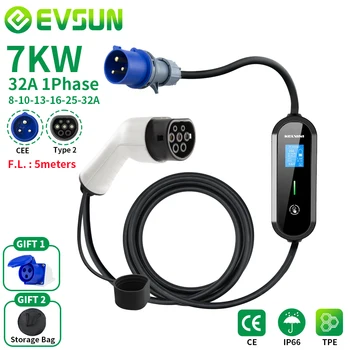 EVSUN EV Portable Charger  7KW 32A Type2 EVSE Charging Box Electric Car Charger CEE Plug IEC62196-2 Electric Vehicle Charger 1