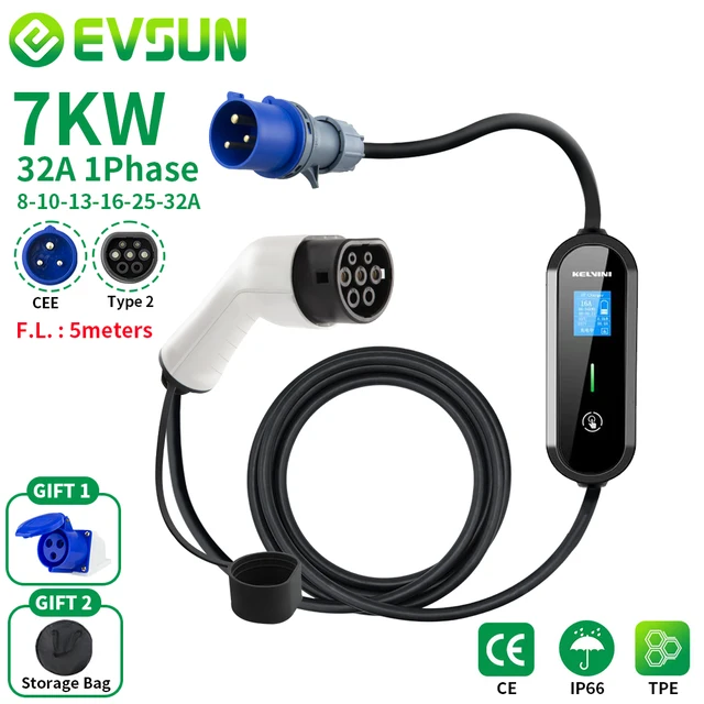 EVSUN EV Portable Charger  7KW 32A Type2 EVSE Charging Box Electric Car Charger CEE Plug IEC62196-2 Electric Vehicle Charger 1