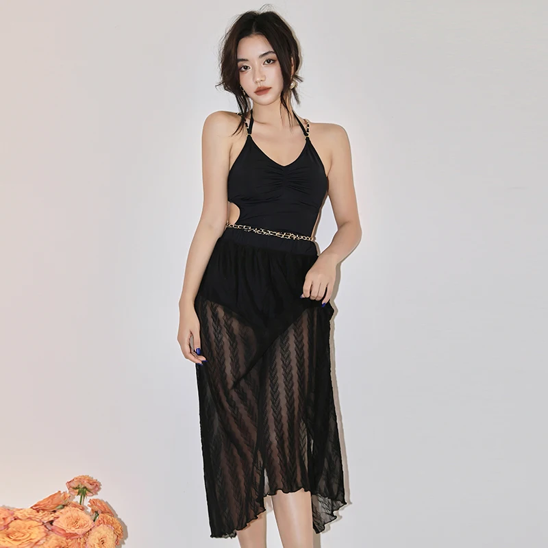 2023 Korean Women's Two piece Swimsuit White Conservative Small Breast Coverup One piece Skirt