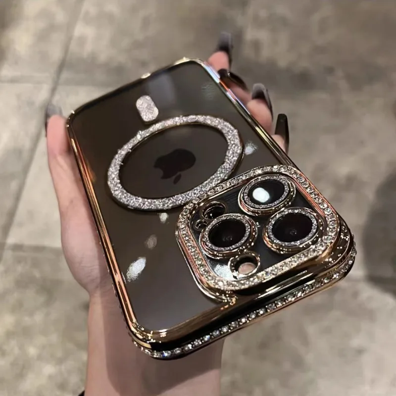 iPhone Case Bling Glitter Rhinestone Magnetic Wireless Charge Shockproof Jewelled Cover for iPhone 16 15 14 13 12 11 Pro Max Plus