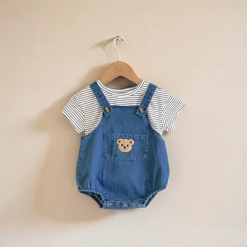 2024 estate Denim complessivo e t-shirt a righe bambini vestiti per bambini per neonati Babe ragazzi ragazze morbido Denim bavaglino pantaloni abiti 1