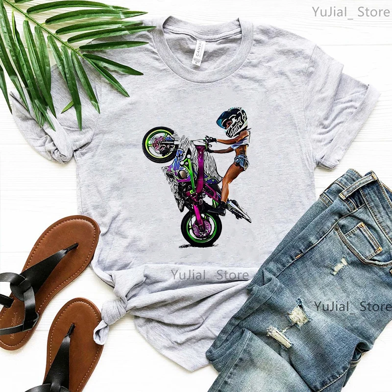 Nur ein Mädchen, das Motorrad gedruckt T-Shirt Frauen lustig cool T-Shirt Femme rosa/grün/grau/gelb T-Shirt weiblich lieben – Detail 4