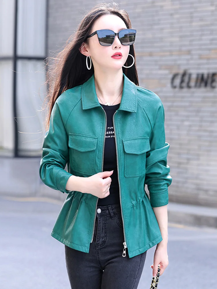 New Women Leather Jacket Spring Autumn Fashion Long Sleeve Drawstring Waist Sheep Leather Coat Casual Solid Biker Jacket Female