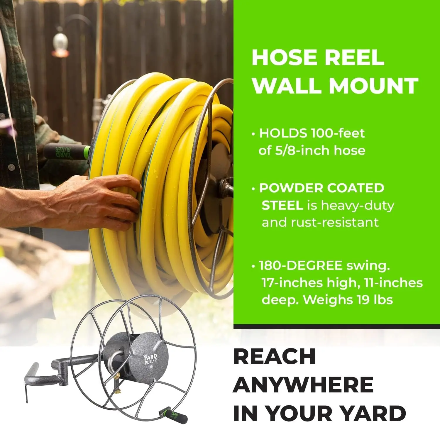 Yard Butler Swivel Hose Reel - 180 Degree Pivoting Wall Mount for Garden Hose Storage