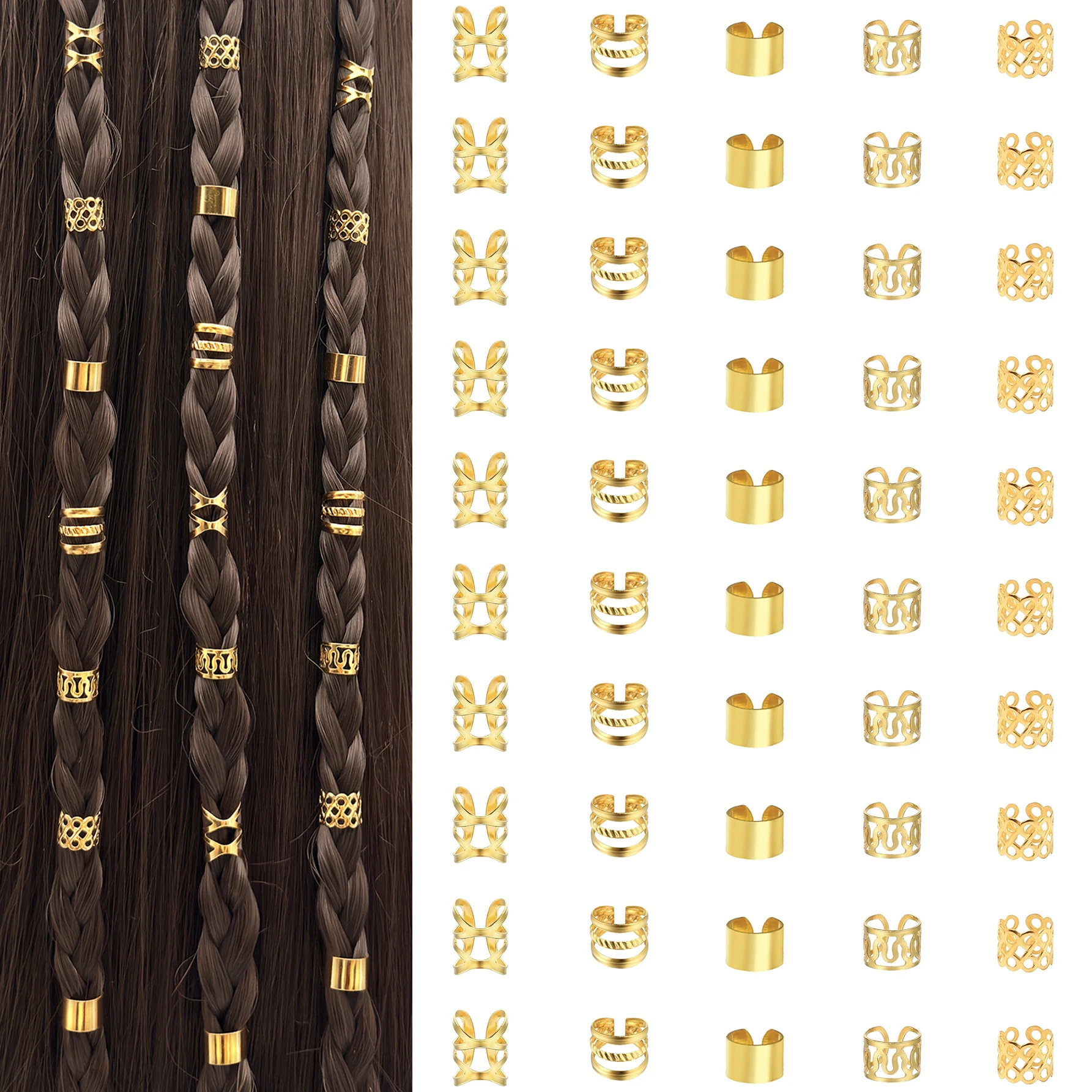 50 Stück goldene Dreadlock-Haarringe, einzigartige Hip-Hop-Straßenparty-Zöpfe, Haarschmuck, Clips für Haare, Halloween-Haardekoration – Detail 8