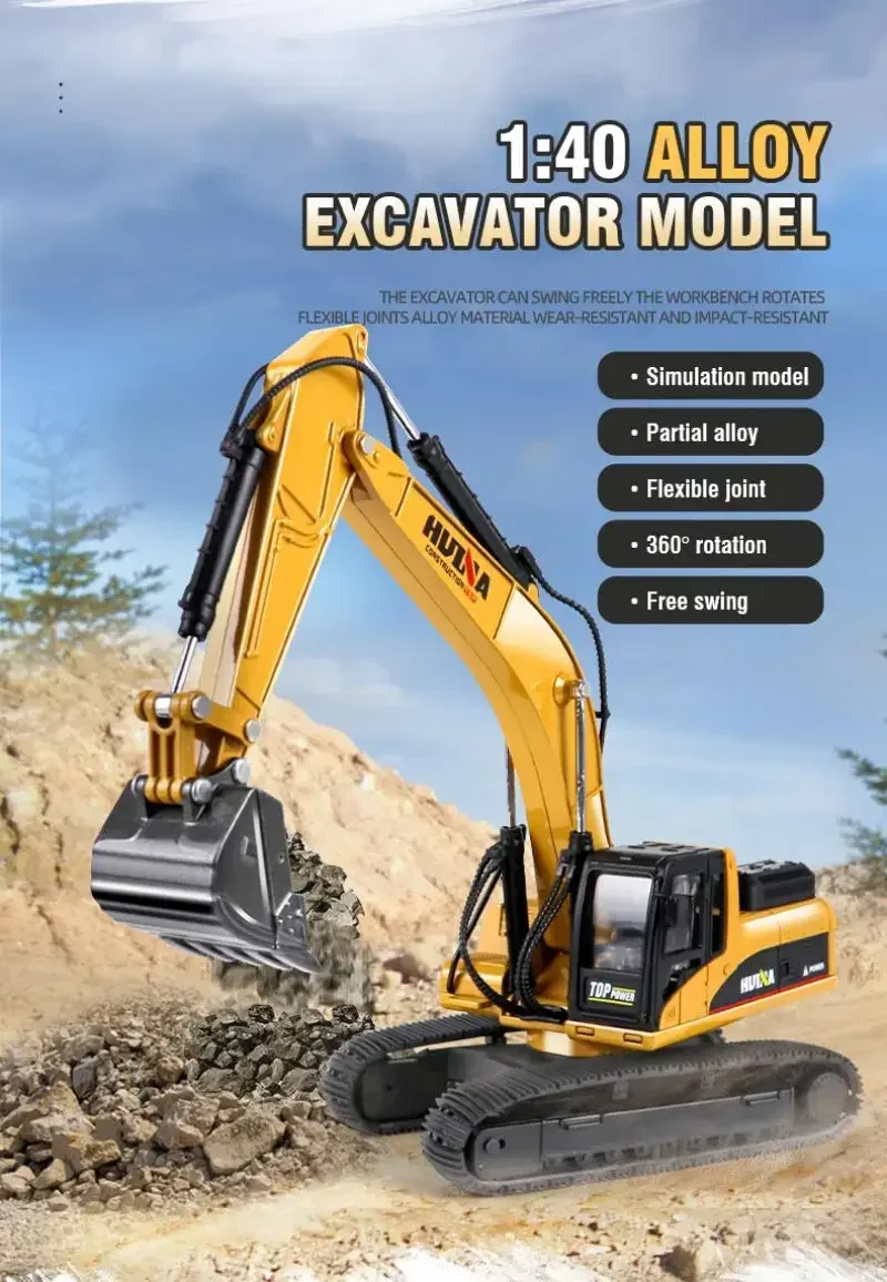 Huina Alloy Truck 1/40 Excavator Diecast Digger Car Construction Engineering Vehicle Model Loader Tractor Toy Kid Christmas Gift 4