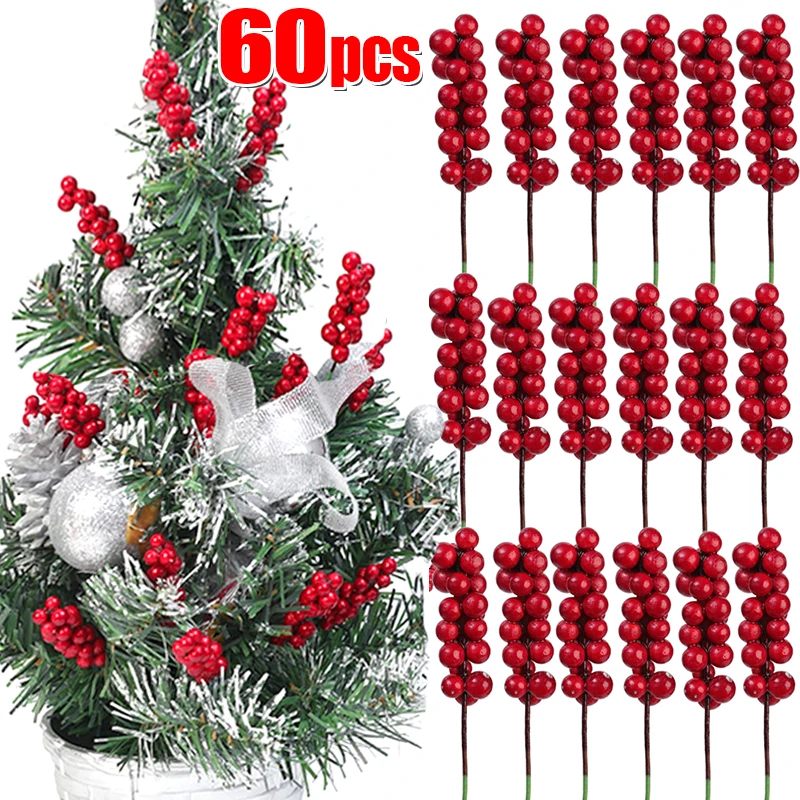 

1-60PCS Christmas Artificial Berry Branches Red Holly Berry Plants Fake Bouquet Wedding Party Christmas Tree Hanging Decoration