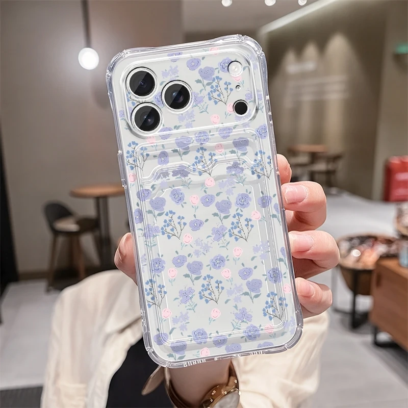 Clear Soft Case with Flower Design and Transparent Card Holder Slots