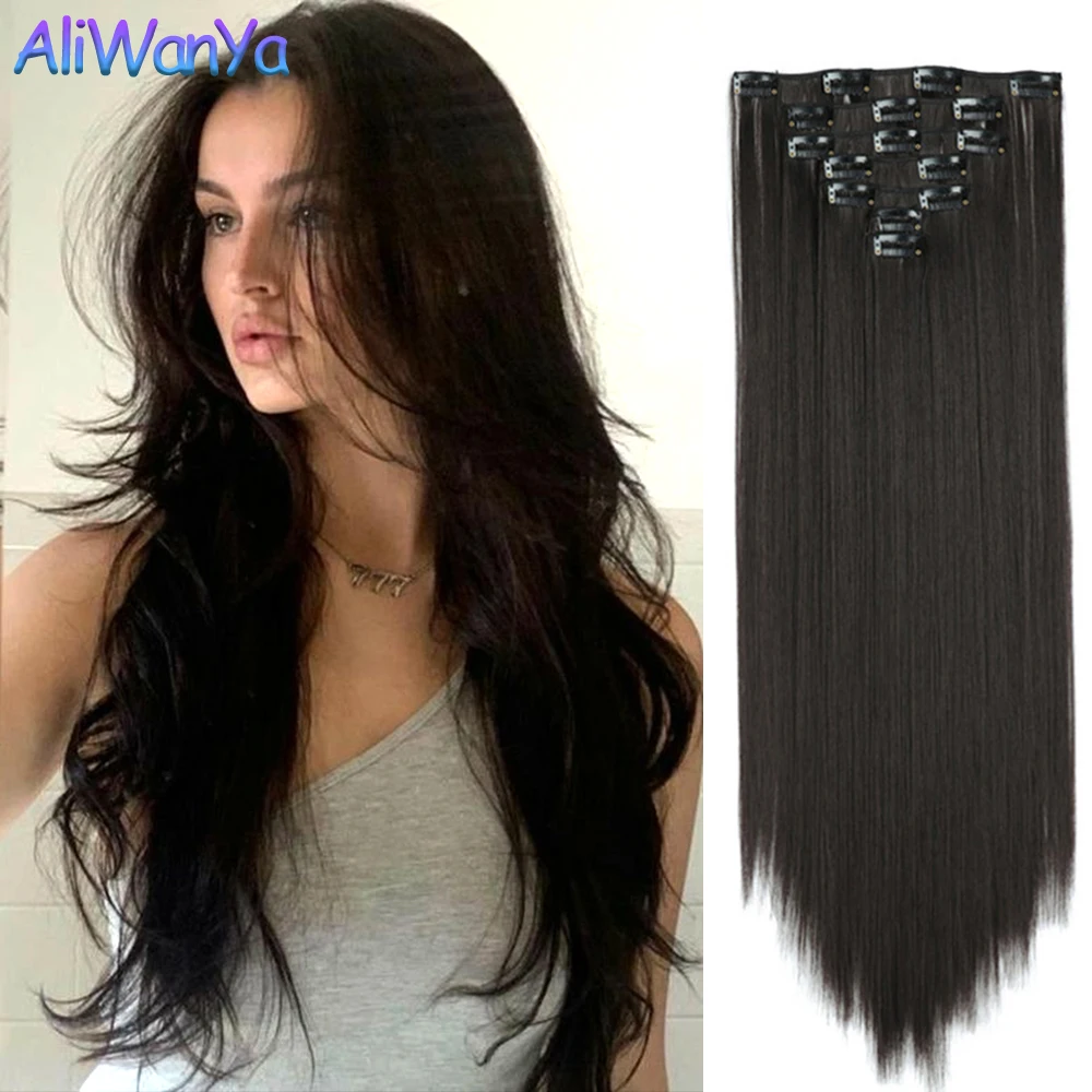 Synthetic Hair Extensions 7pcs/Set Long Straight Hair Extension 16Clip High Tempreture Synthetic Hairpiece Fiber Brown Hairpiece