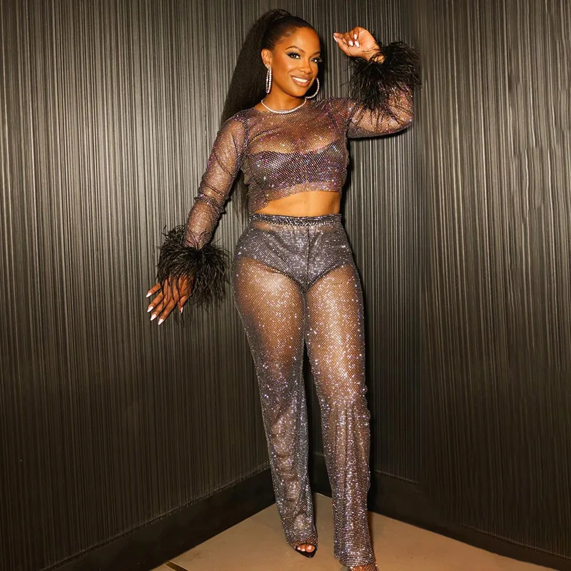 

Cropped Furry Sleeve Tops Mesh Two Piece Pants Set 2022 Women Fashion Clothes Suit Set Sexy Outfits Elegant 2 Pieces Sets