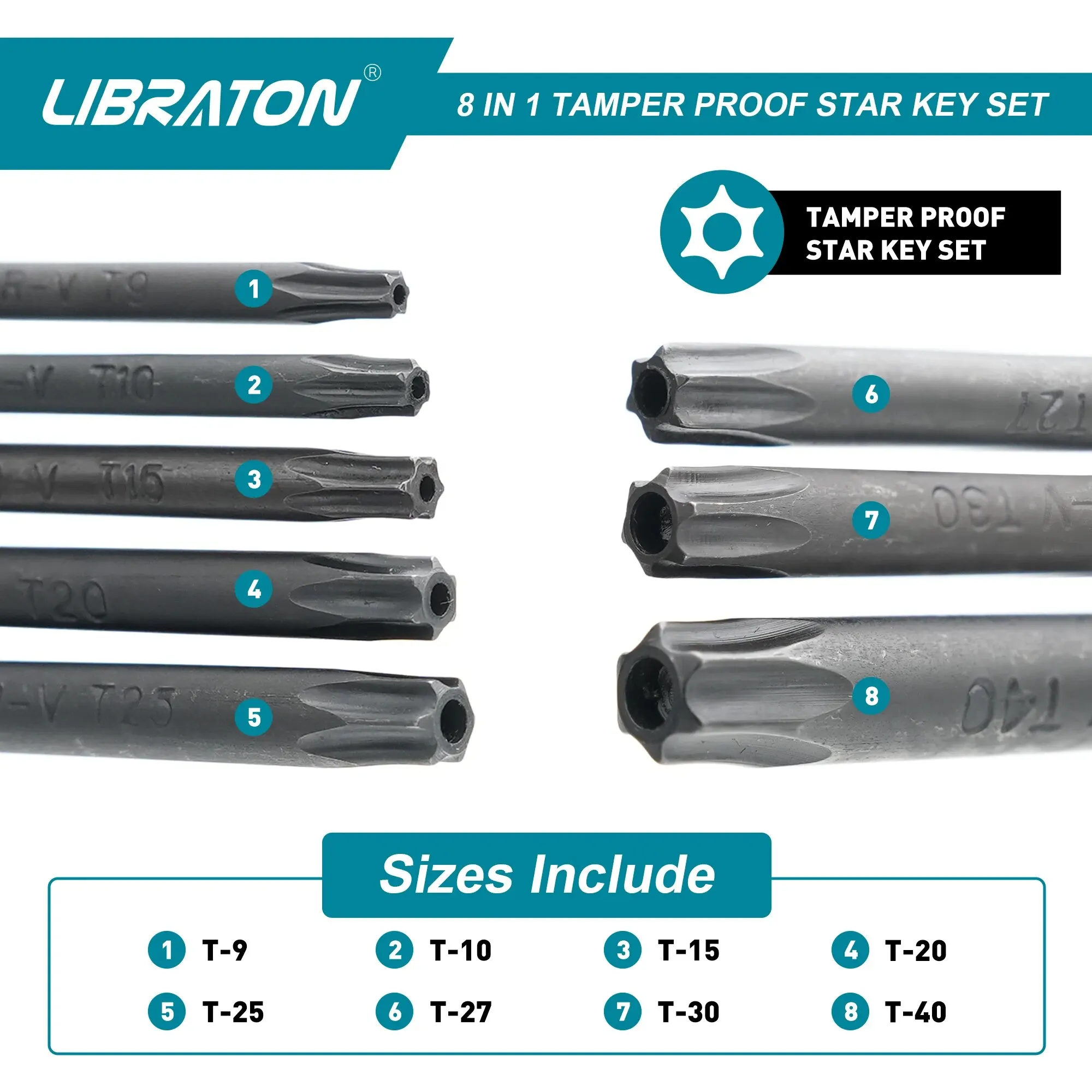Libraton Premium Folding Security Torx Key Set - 8 Piece Tamper-Proof Star Key Collection