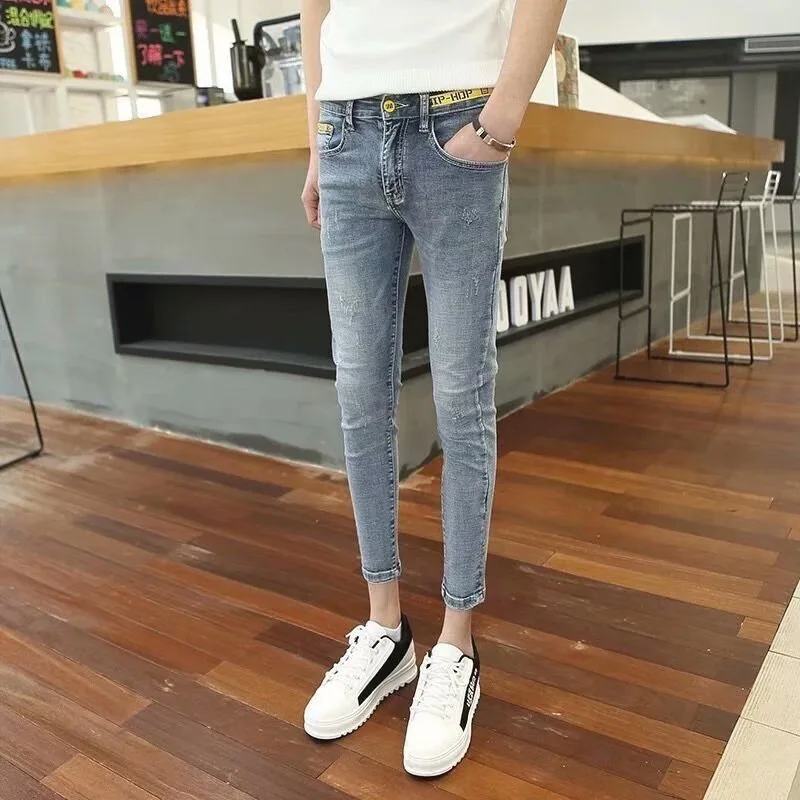 2021 데님 소셜 가이 스트레치 청바지, 남성용 여름 한국 타이트 피팅 캐주얼 발목 길이 팬츠 피트 팬츠 슬림 진