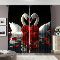 2pcs, spring summer Curtains Romantic Swan Couple and Red Roses Sheer Curtains Durable Polyester Versatile All Use for Bedroom, 2