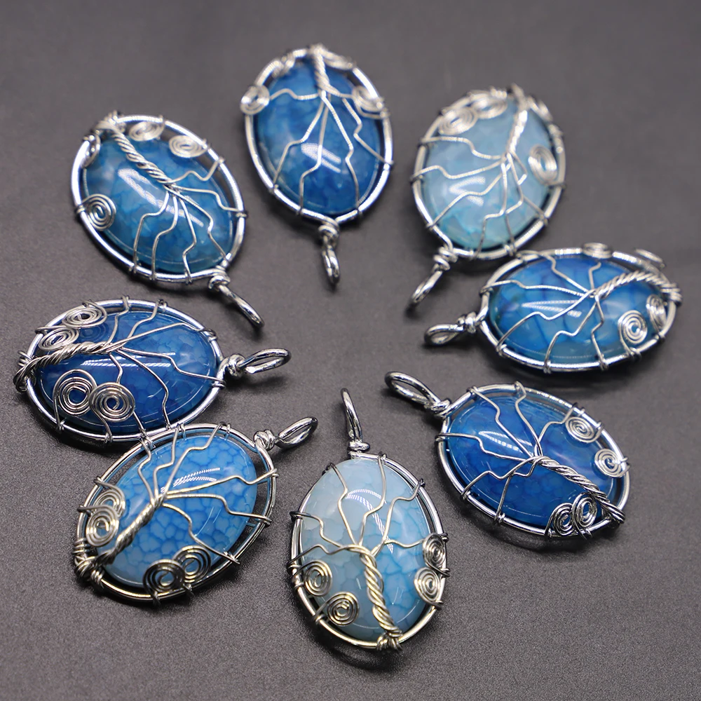 Fashion Natural Gem Stone Pendant Necklace Silver Color Tree of Life Wire Wrap Egg Shape Charm Reiki Onyx Jewelry Wholesale 6Pcs