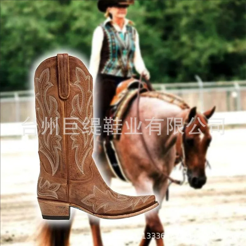 Mid-Calf Western Boots Fashion Women's Embroidered Cowboy Cowgirl Boots Pointed Toe Thick Heels Mid-calf Riding Boots