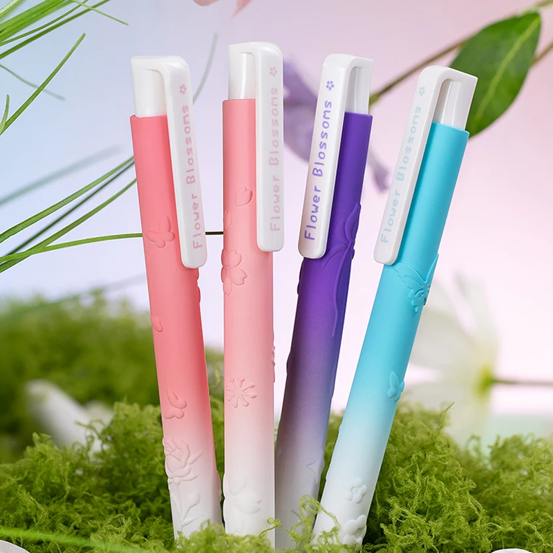 4 Pcs/Box Flower Relief Design Gel Pen 0.5mm Black Quick-Dry Ink Smooth Writing Pen for School Students & Office Stationery