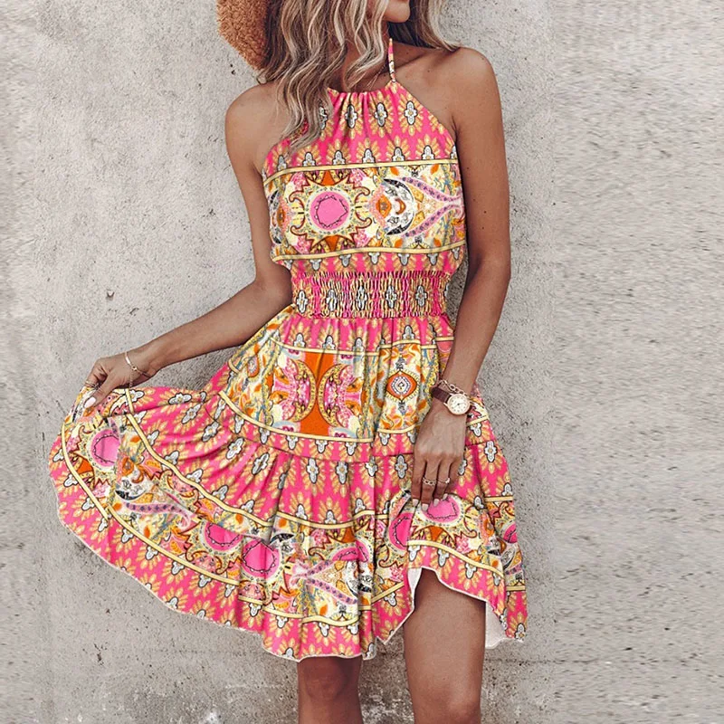 

Female Summer Sexy Sleeveless Backless Halter Dress New Fashion Printing Elastic Waist Commute Elegant Party Dresses For Women