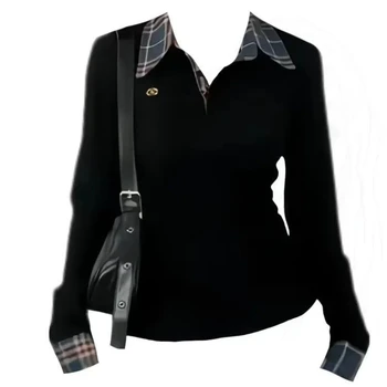 Polo Neck Plaid Patchwork Embroidery T Shirts Spring Autumn Fake Two-piece Slim High Street Tops Fashion Casual Women Clothing 1