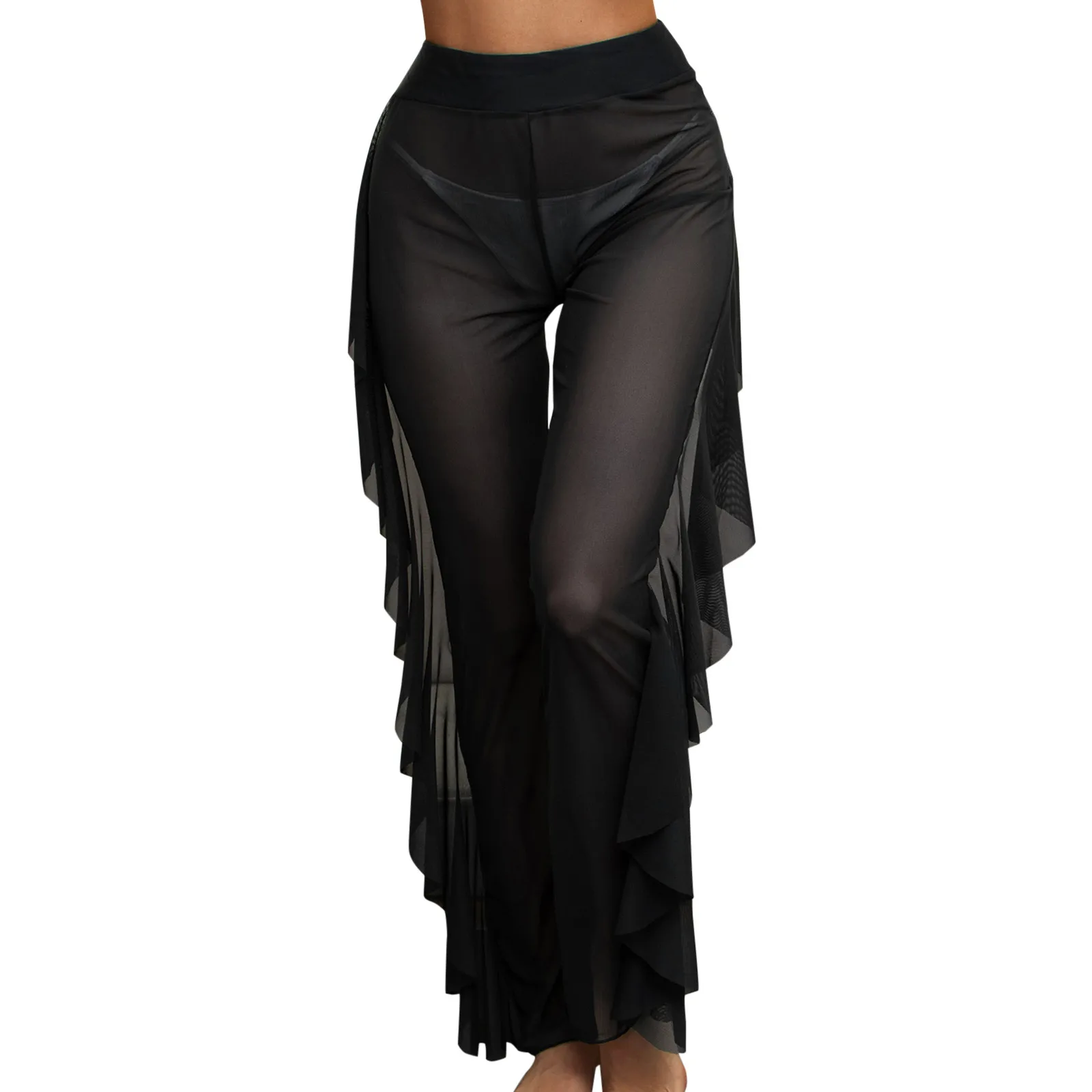 Women Mesh Ruffle Trim Cover Up Pants Beach Wrap Bikini Shiny Wraps Ups For Swimwear 2022 | Женская одежда