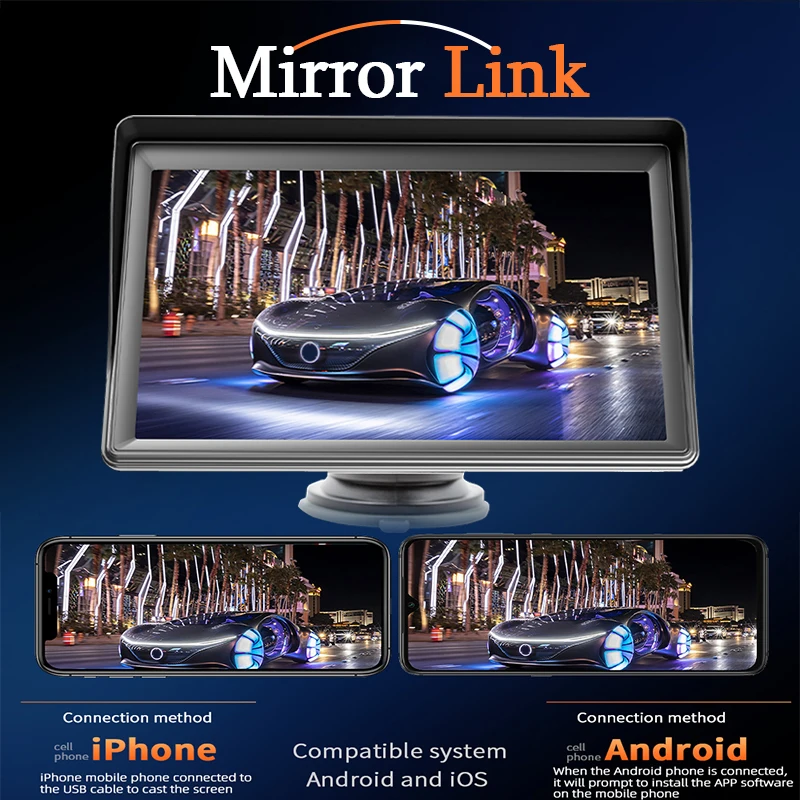 Hippcron CarPlay Android Radio samochodowe multimedialny odtwarzacz wideo 7-calowy przenośny ekran dotykowy z USB AUX do kamery cofania
