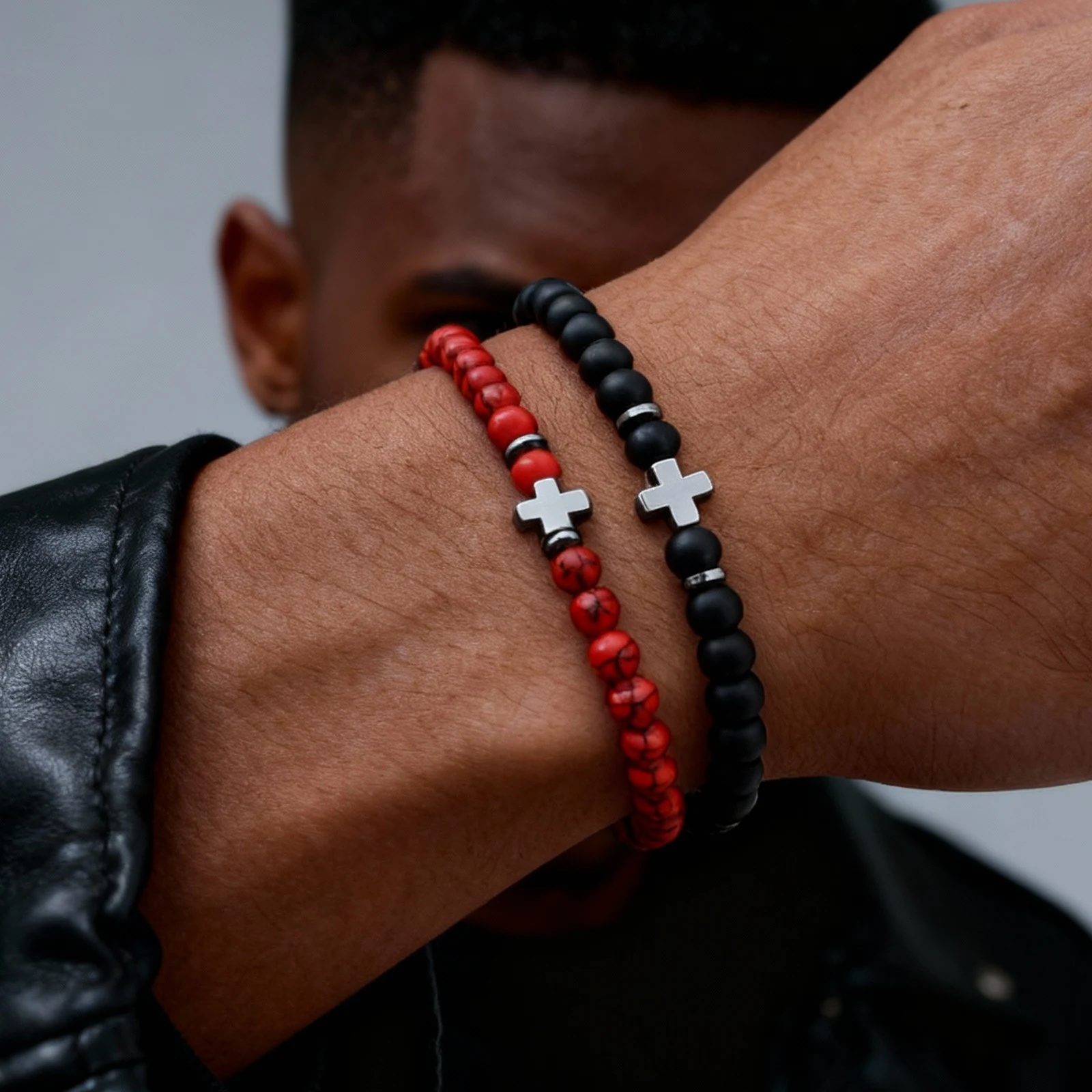 Modische Naturstein Hämatit Kreuz-Armbänder für Männer, Natürliche Achat Rote Türkis Perlen Armband, Christlicher Religiöser Schmuck