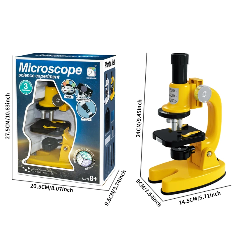 1PC SCIENCE HORSE 어린이 생물학 현미경 200X1200X 고배율 키트 노란색 3 렌즈 4 컬러 필터 휴대 전화