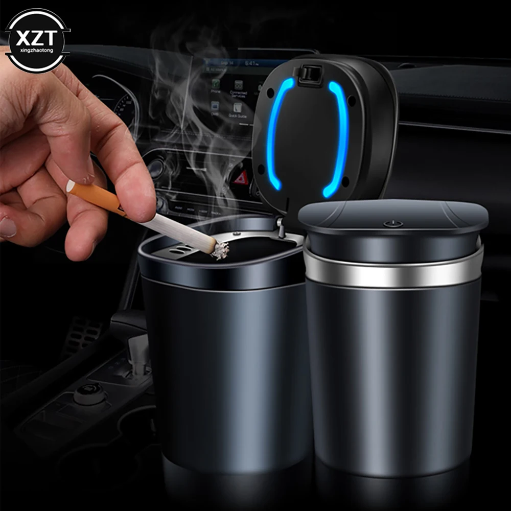 

Car Ashtray With LED Blue Light Portable One-button Open Cover Type Universal Metal Ashtray Retardant Car Accessories