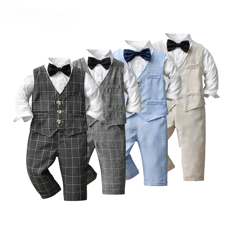 

Baby Boy Formal Plaid Clothes Set Vest+Pant+Shirt+Bow Tie 4PCS Infant Toddler Child Suit Party Birthday Baby Clothing Set 1-5Y