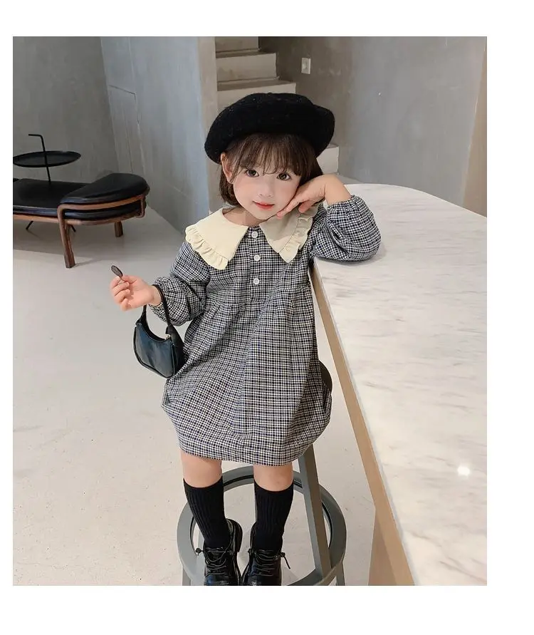 

Платье для девочек, Новинка весна-осень 2023, повседневное клетчатое платье с большим отложным воротником для маленьких девочек, Модное детское платье в Корейском стиле