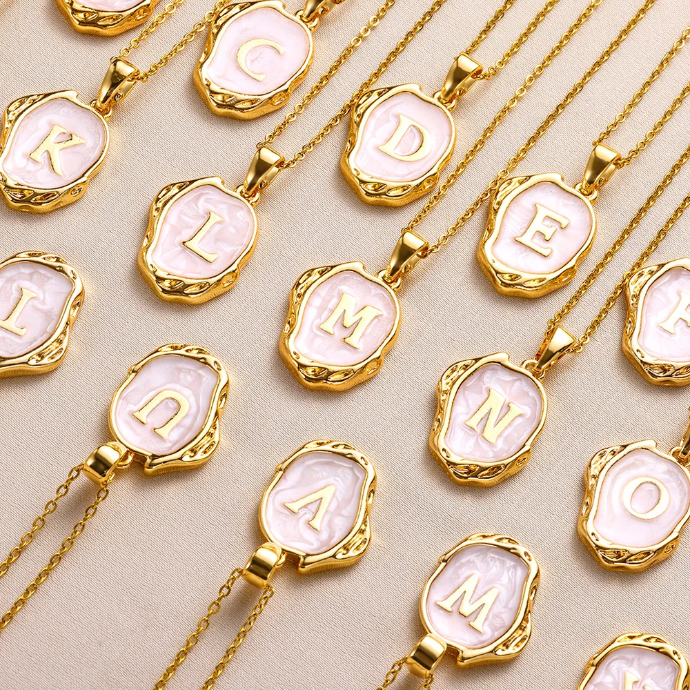 Women Jewelry Initial A-Z Letters Pendant Necklace Vintage Oil Dripping Shell