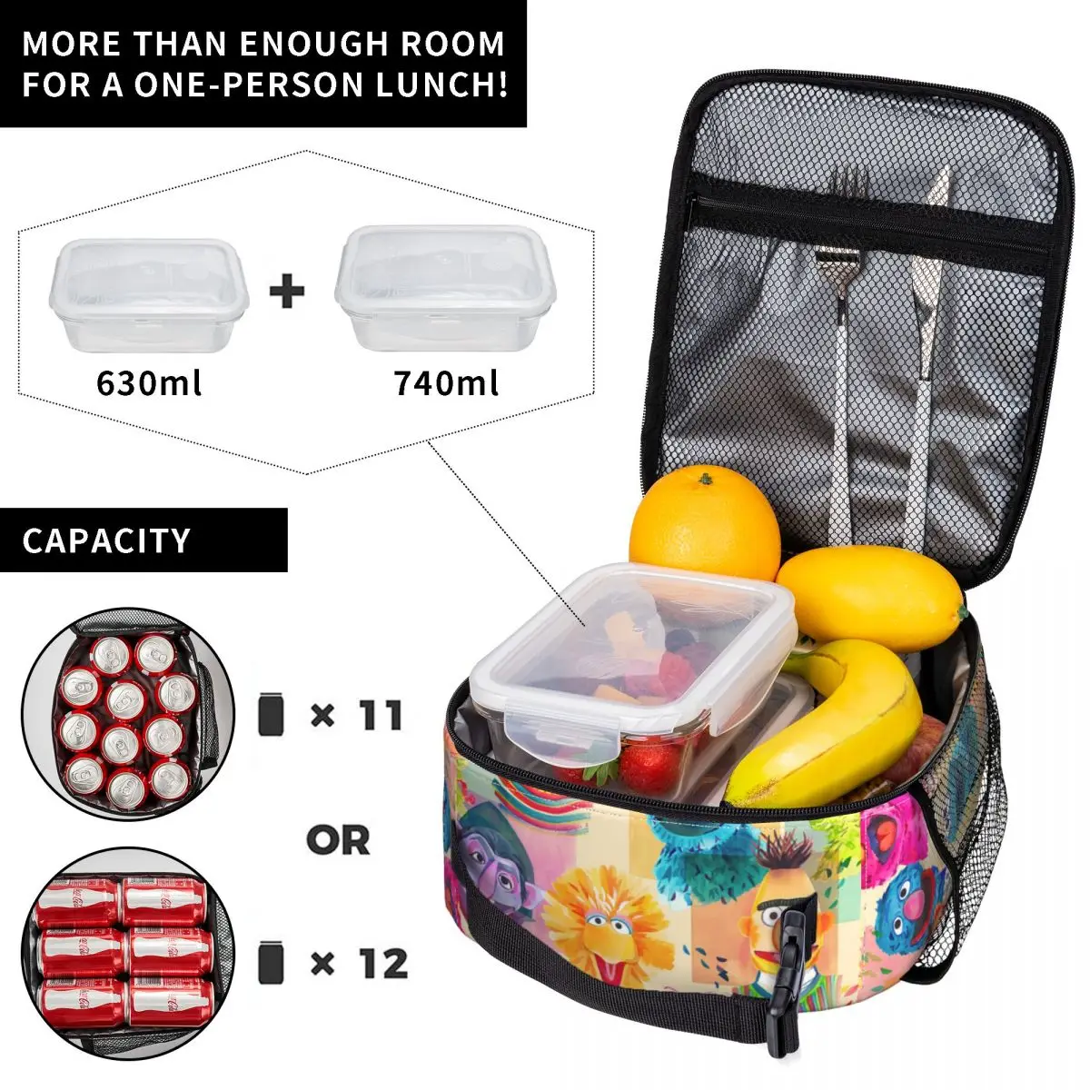 Sesamed Streeted Characters Insulated Lunch Bags Thermal Meal Container Portable Tote Lunch Box Food Handbags School Outdoor