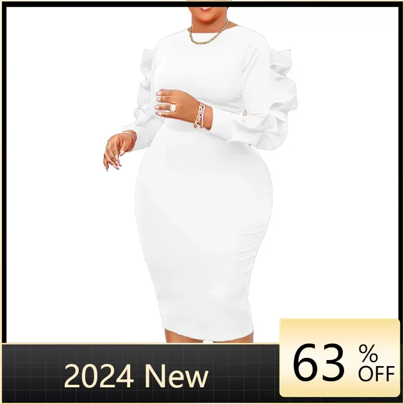 new fashion ladies big flowers wide belt dress tight elastic waistband white black red party wide belt for sweater overcoat Women Ruffle Bodycon Dress High Waist O Neck Knee Length Tight Classy Modest Office Ladies Package Hip African Female Party Robe