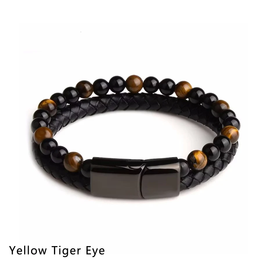 Zysta Men's Leather Bracelet With Tiger Eye & Lava Stone - Double Layered Beaded Cuff