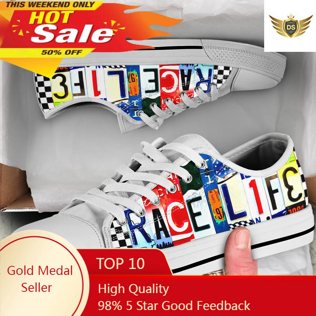 License Plate Racing Girl Women's Fashion Vulcanized Shoes Low Top Canvas Safety Tennis Shoes Comfortable Sneakers