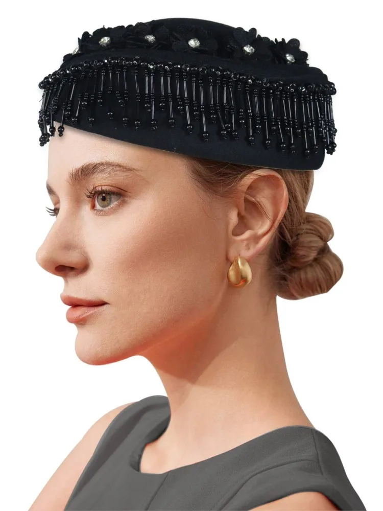Vintage Felt Turban Hat For Women Church Derby Fascinator With Flower Ladies Soft Beret Caps For Party Airline Stewardess Hat