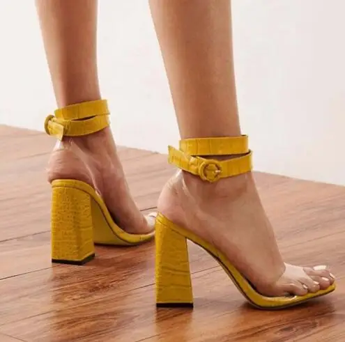 

Yellow Flared Block Heel Sandals Clear PVC Open Toe One Line Ankle Buckle Round Toe Summer Sandals Snakeskin Party Dress Shoe