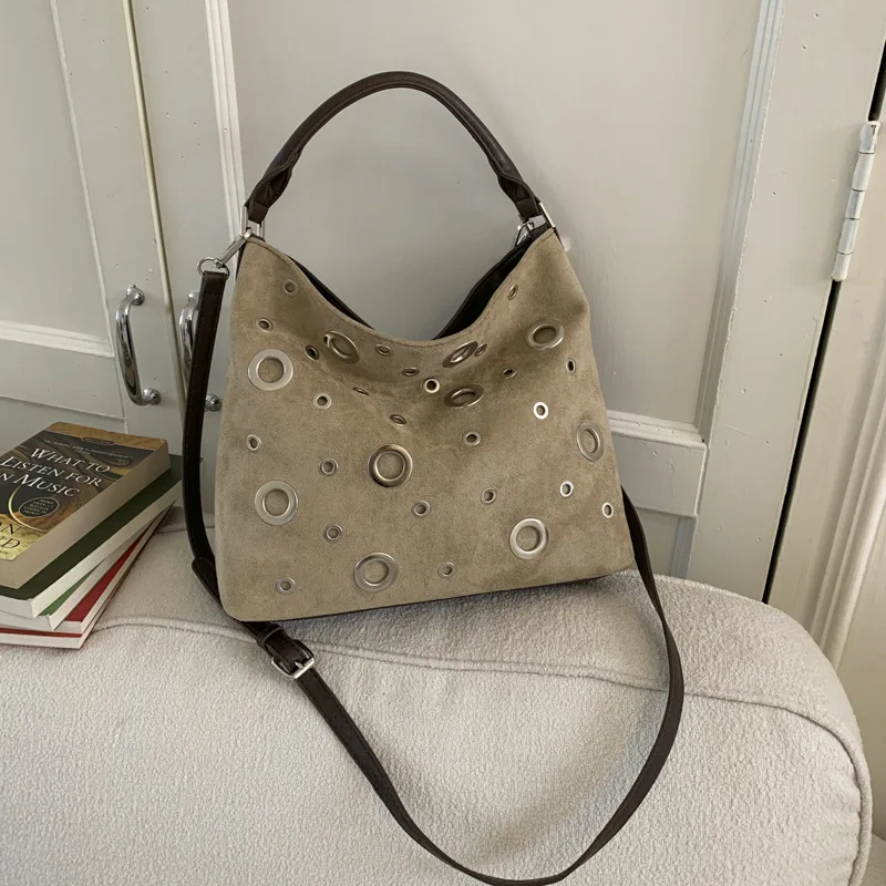 New High-end Luxury Literary Style Shoulder Bag Imitation Suede Texture Rivet Shoulder Bag Work Commuting Dating Hollow Handbag