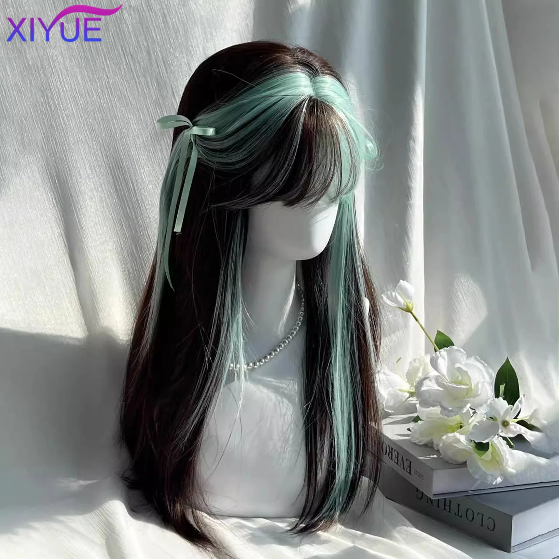 XIYUE Synthetic Lizard Green Bangs Highlighted Wig Black Green Fluorescent Green Y2K Top Dyed Clavicle Hair Wig For Women