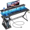 Gaming Desk with LED Lights & Power Outlets,55" Computer Desk with Monitor Stand & Storage Shelf,Gaming Table with Earphone Hook 1