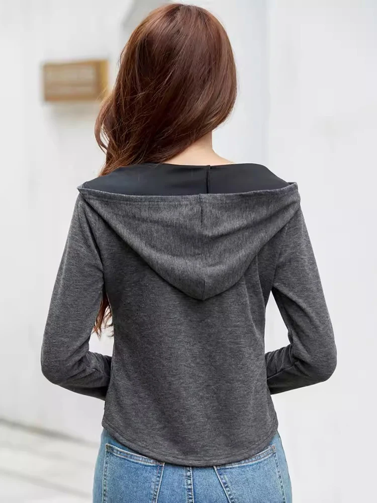 New Women Fake Two Pieces Sweatshirt Spring Autumn Fashion Hooded Patchwork Long Sleeve Loose Short Tops Casual Hoodies T-shirt