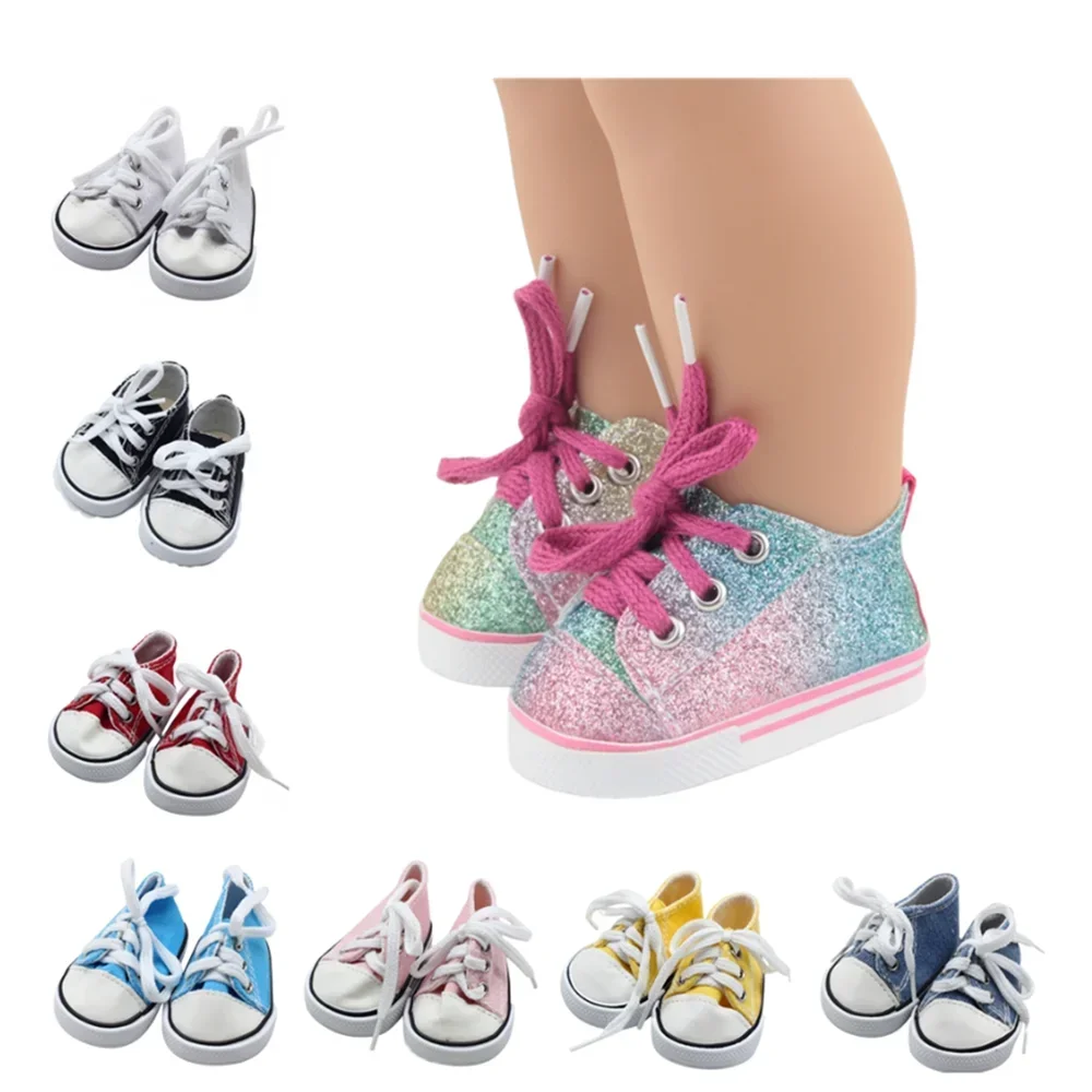 

Cute 7cm Doll Shoes Handmade Canvas Lace Up Shoes Fit 18Inch American Doll 43cm New Baby Born Doll Russian DIY Toys Girl Gift