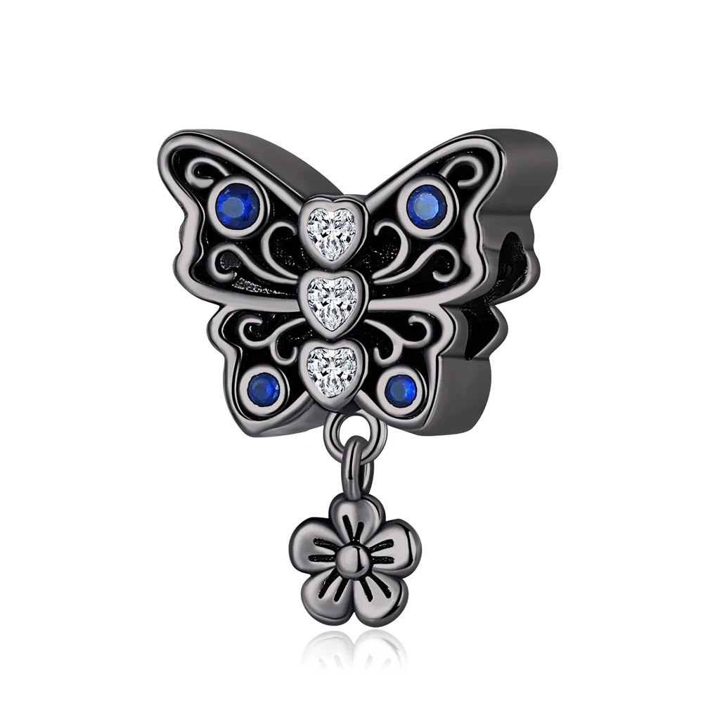 

Romantic 925 Sterling Silver Black Flower Heart Butterfly Charm Fit Pandora Bracelet Women's DIY Spring Jewelry Accessories