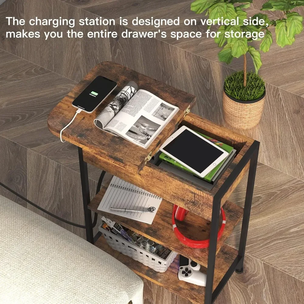 End Table with Charging Station, Flip Top Side Table with USB Ports and Outlets, Nightstand for Small Spaces, Bedside Tables wi